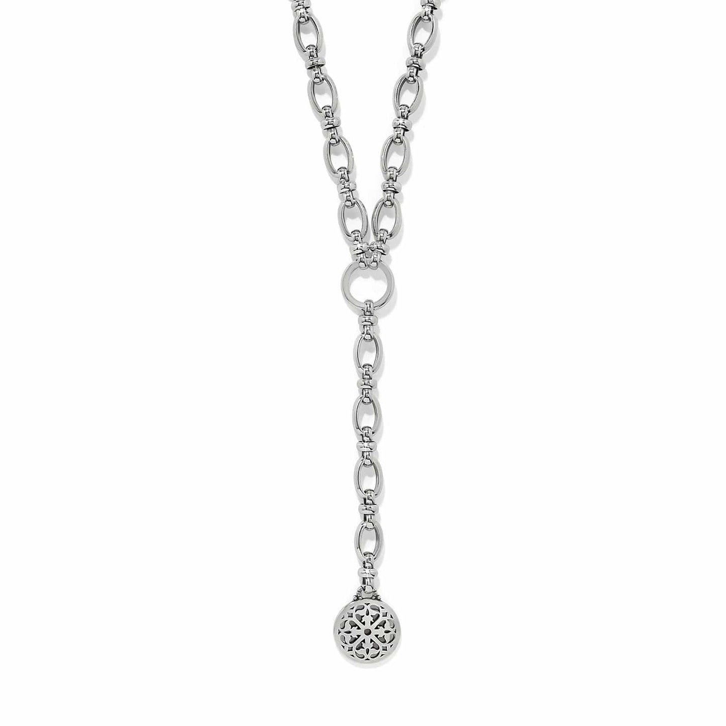 A silver-toned chain necklace with a distinctive Y-shaped layout, featuring textured oval links, a central ring, and a dangling circular filigree charm, shown against a plain white background.