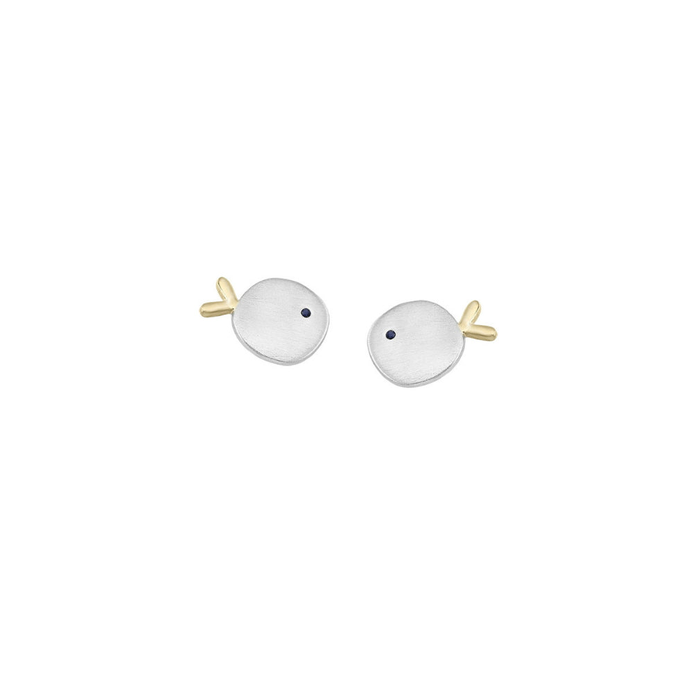 A pair of minimalist stud earrings shaped like small white fish with gold antennae and tiny black eyes, set against a plain white background.