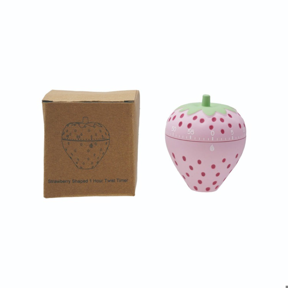 Strawberry-shaped timer with a cardboard box on a white background.