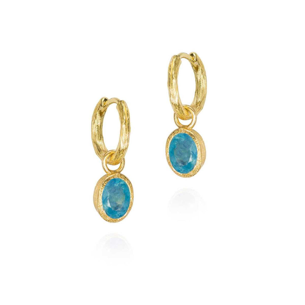 gold-tone earrings with blue stones on a white background