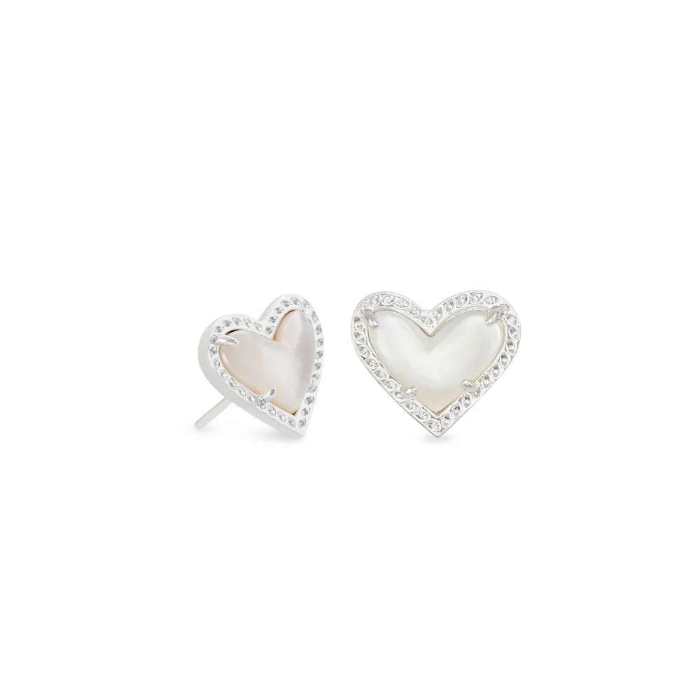Kendra Scott Ari Heart Rhodium Stud Earrings in Ivory Mother of