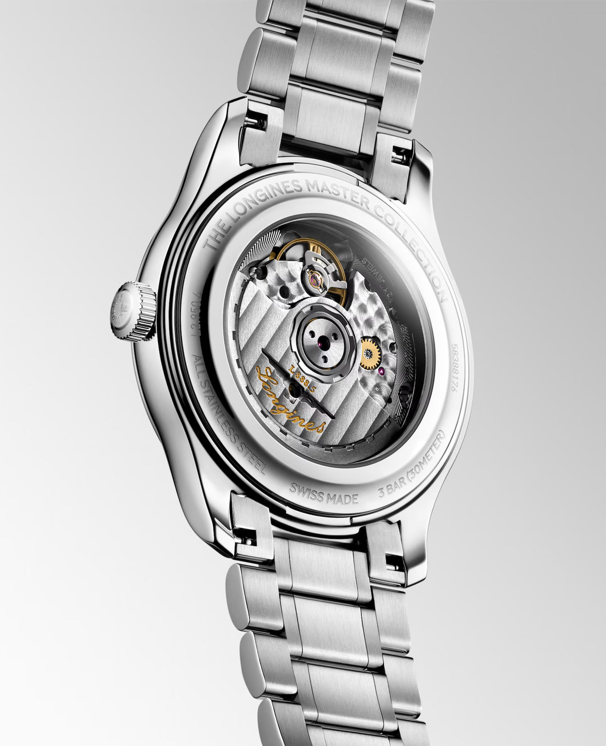 Close-up rear view of a stainless steel wristwatch with a transparent case back, showing the automatic mechanical movement and bracelet, on a light gray gradient background.