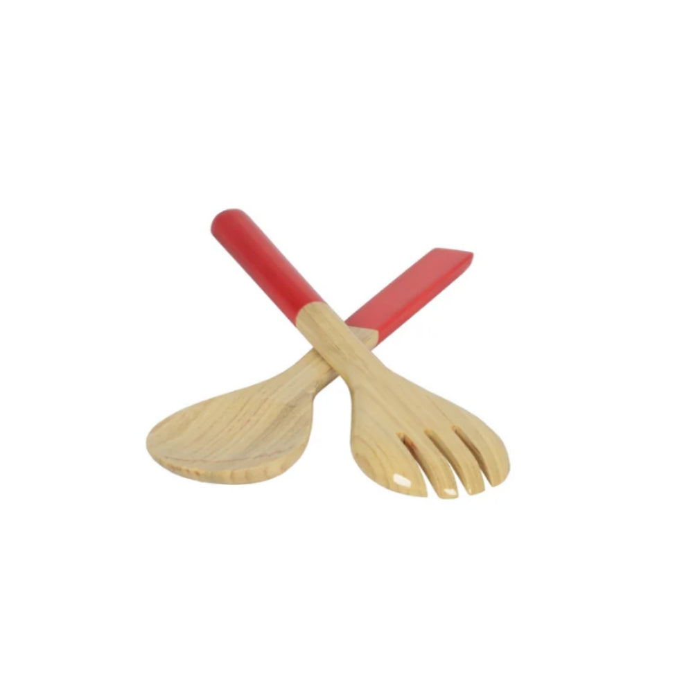 A pair of orange themed salad servers on a white background.