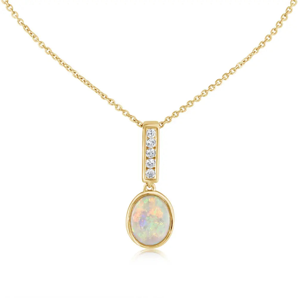 14k Gold Australian Opal and Diamond Pendant Necklace