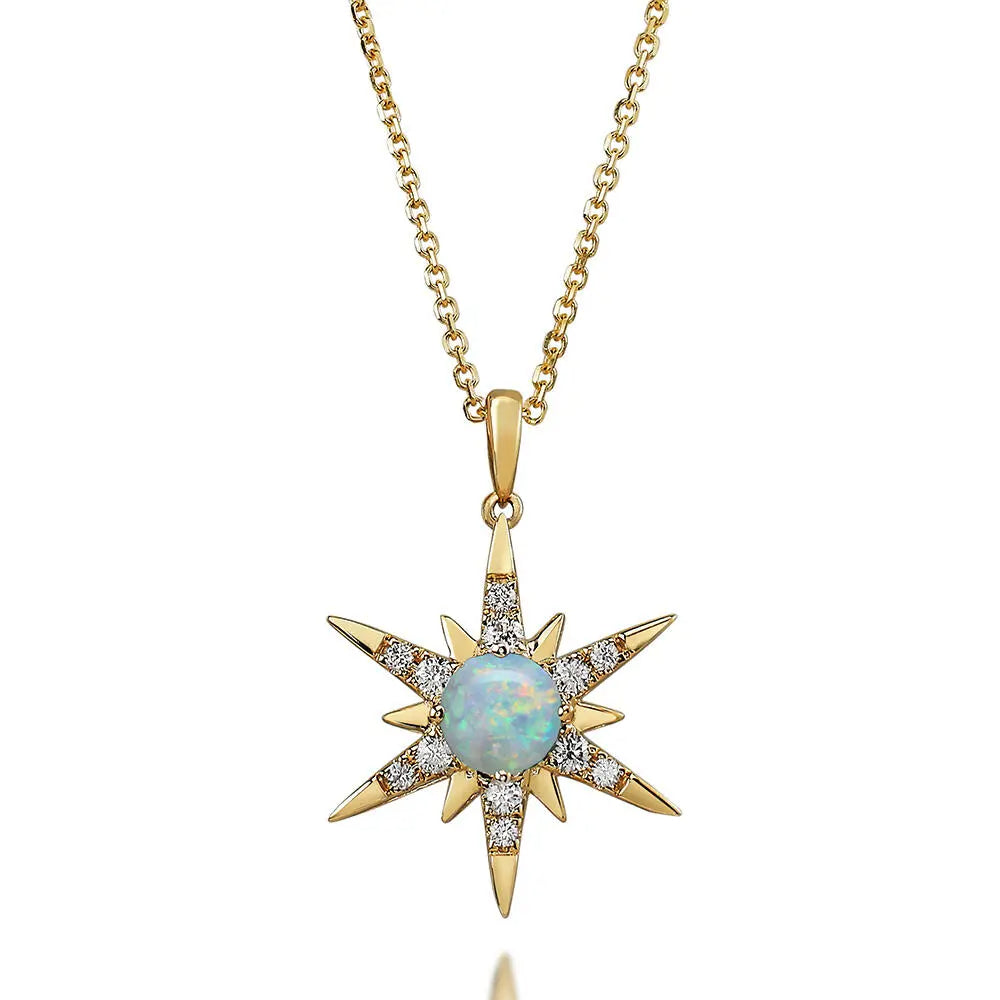 Yellow Gold Opal Pendant Star Necklace on White background