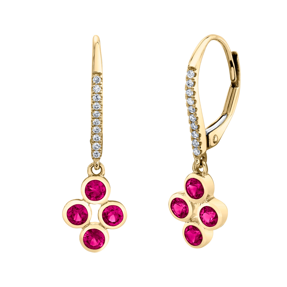 A pair of gold leverback earrings with a vertical bar set with small clear stones and a dangling four-petal flower motif featuring bright pink gemstones, shown on a plain white background.