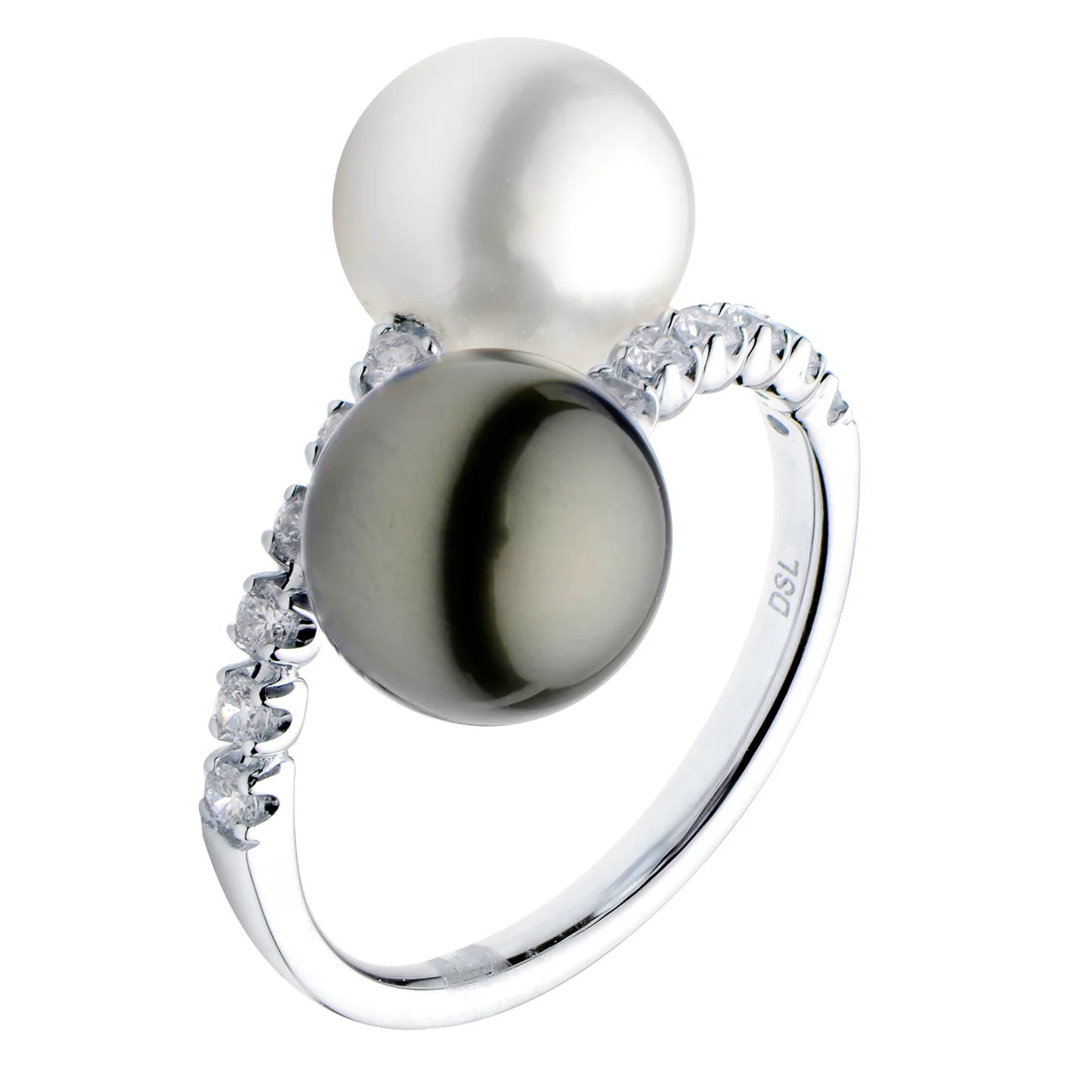 Ring with two pearls and diamonds on a white background
