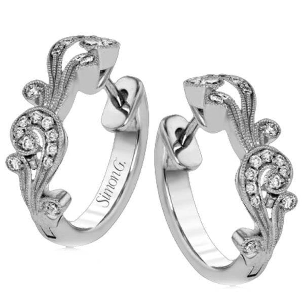 Simon G. 18k Vintage Style Filigree Diamond Hoop Earrings