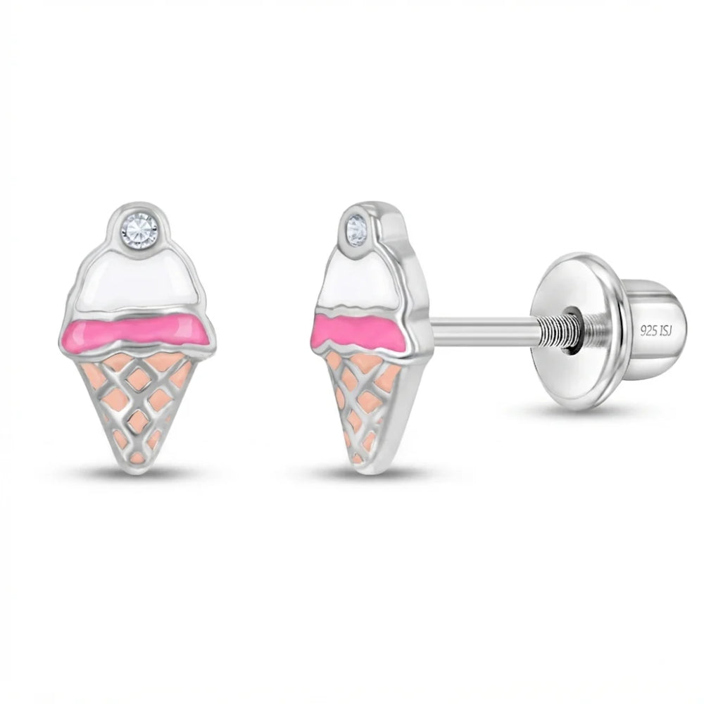 A pair of silver stud earrings shaped like ice cream cones, featuring a white top scoop, a pink middle layer, a pink-and-white lattice-patterned waffle cone base, and a small clear gemstone at the top. One earring is shown facing forward, and the other is turned to show the post and backing, which is marked '925 ISJ'