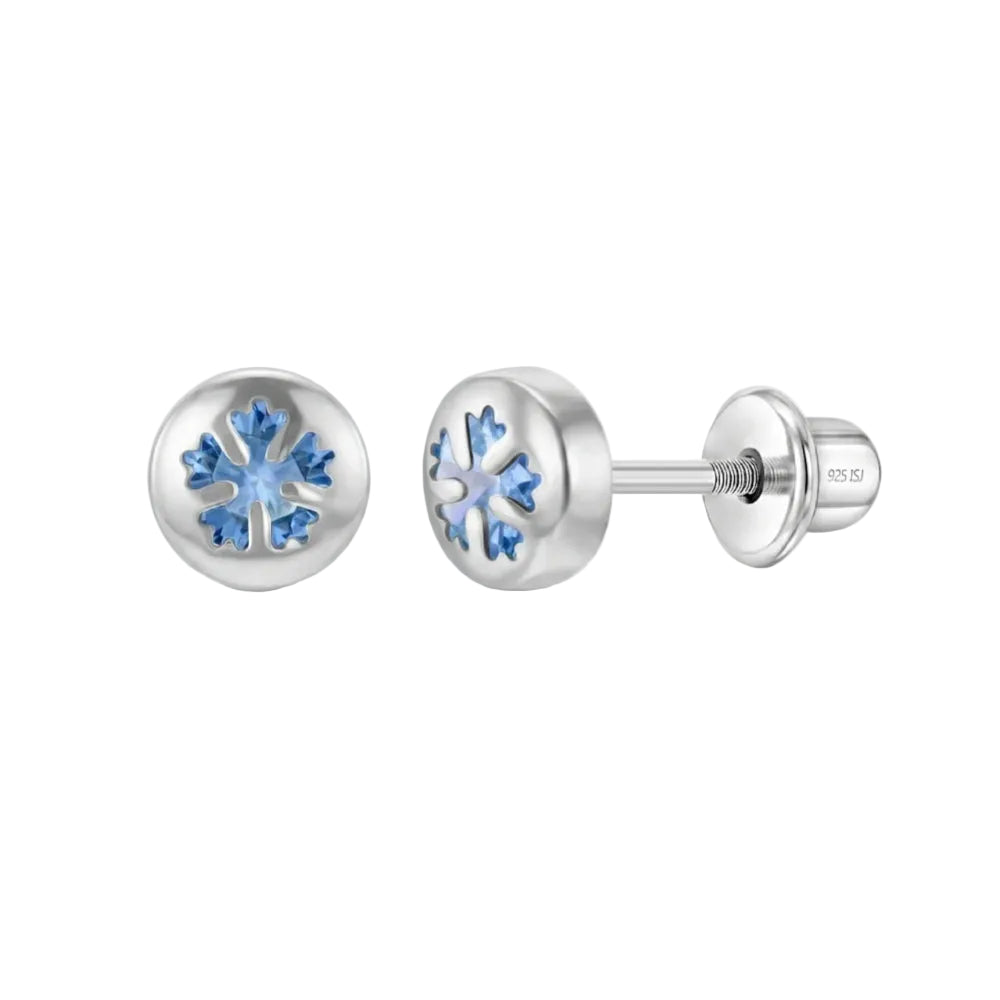A pair of silver round stud earrings with blue and light blue snowflake designs in the center, shown on a white background.