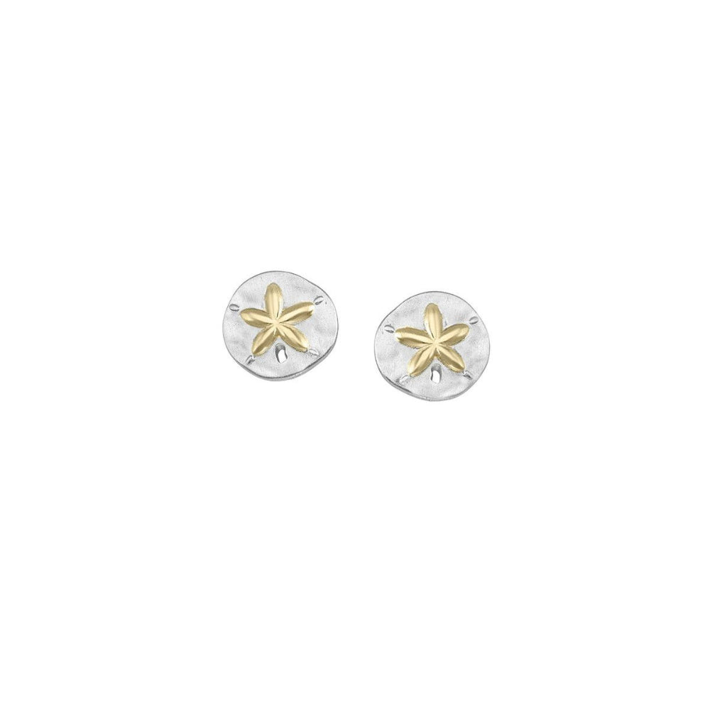 silver and gold tone starfish stud earrings on white background