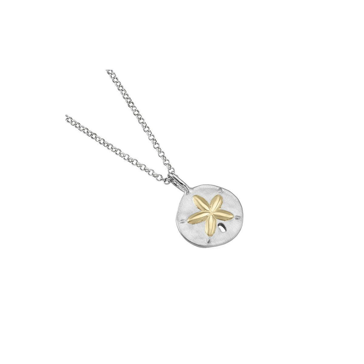 round silver and gold pendant with silver chain on white background