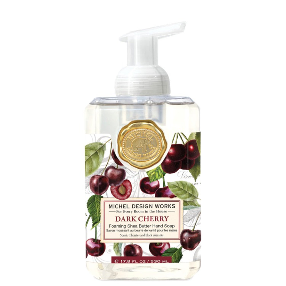 Foaming hand soap bottle with dark cherry design on a white background