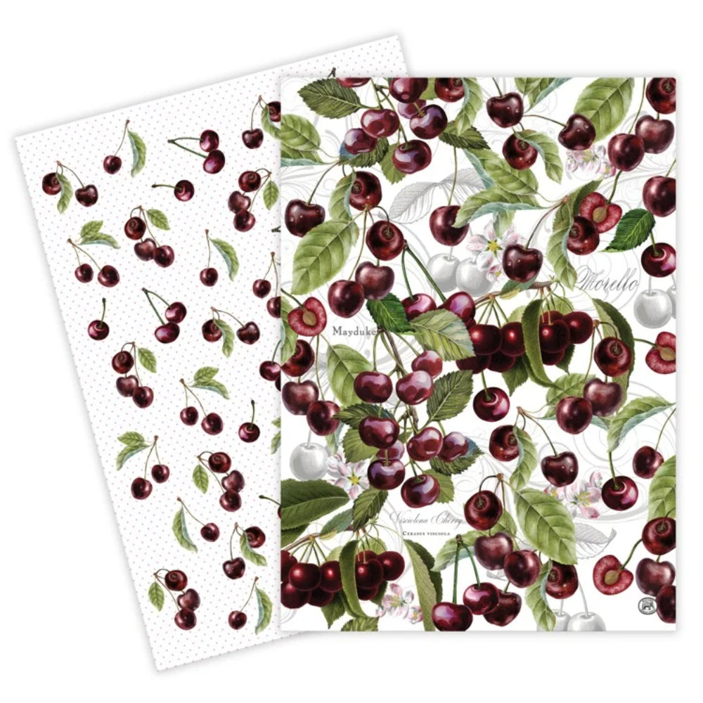 Set of 2 vibrant, artistic printed kitchen towels featuring dark cherries.