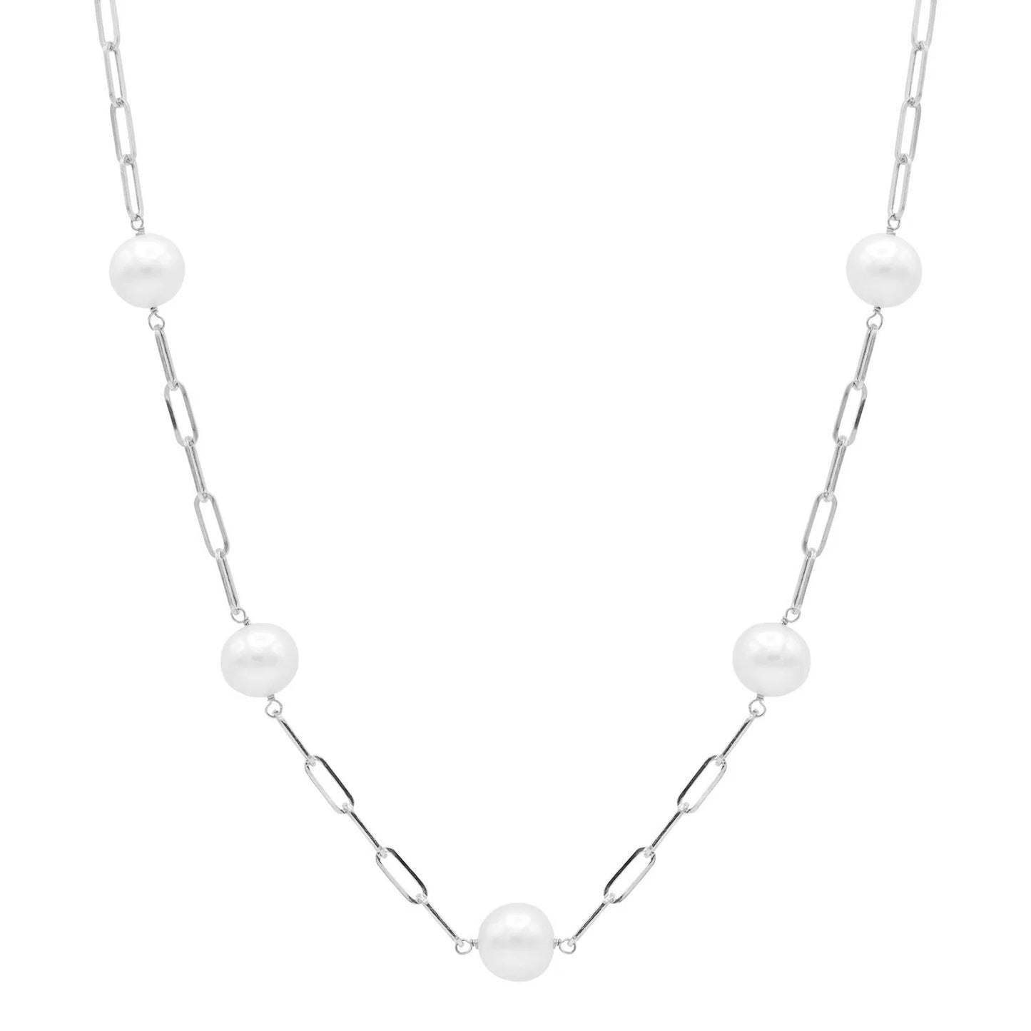 A silver chain necklace featuring five evenly spaced white round pearls, displayed against a solid white background.