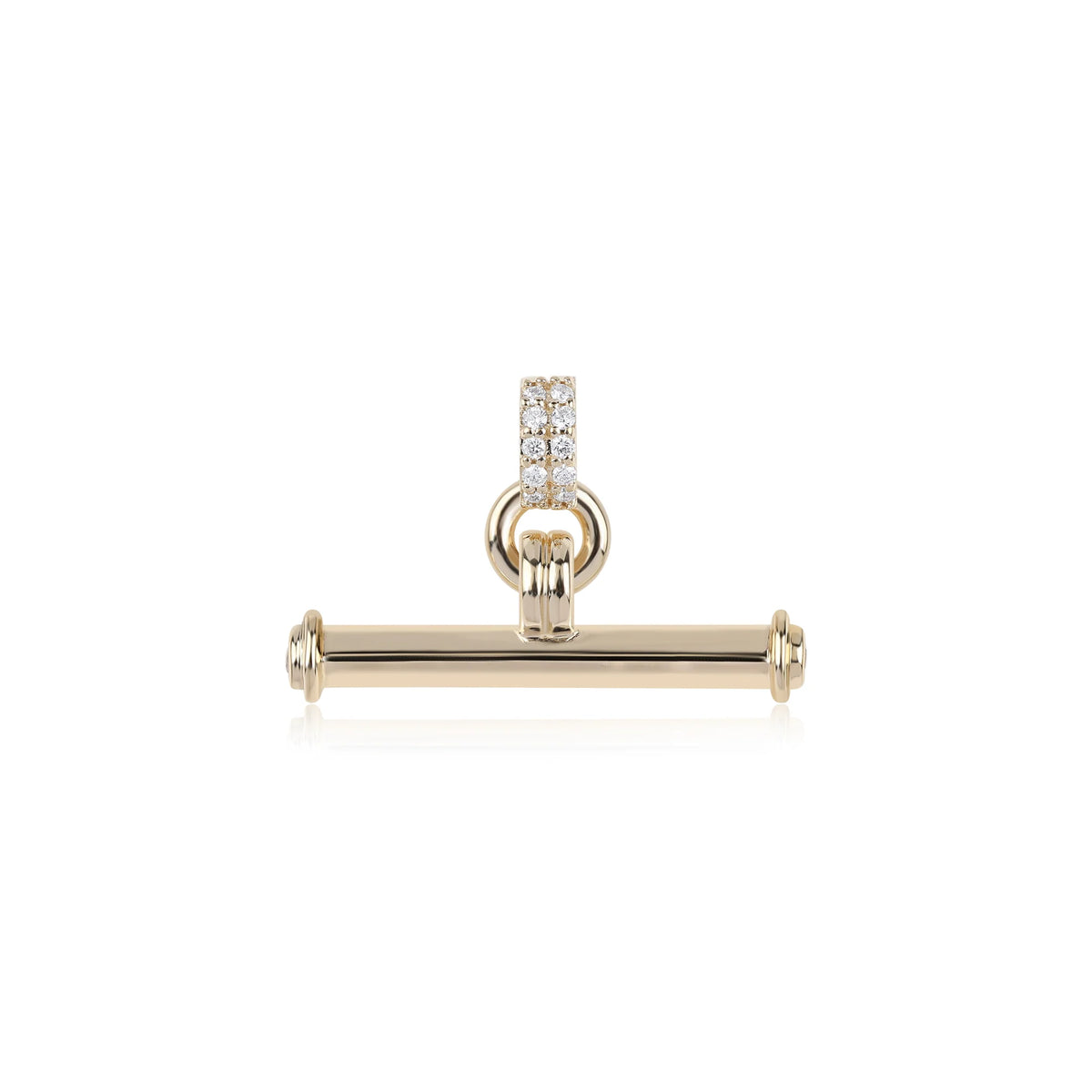 A gold bar pendant with a vertical bail paved with small clear stones, shown on a clean white background.