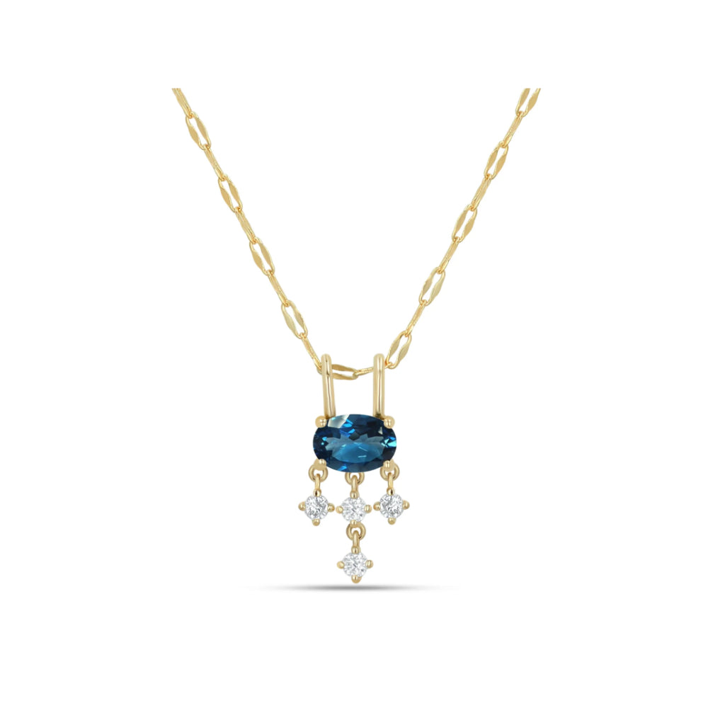 A yellow gold necklace featuring an oval-cut blue gemstone pendant with three dangling star-shaped clusters of small clear stones, shown on a plain white background.
