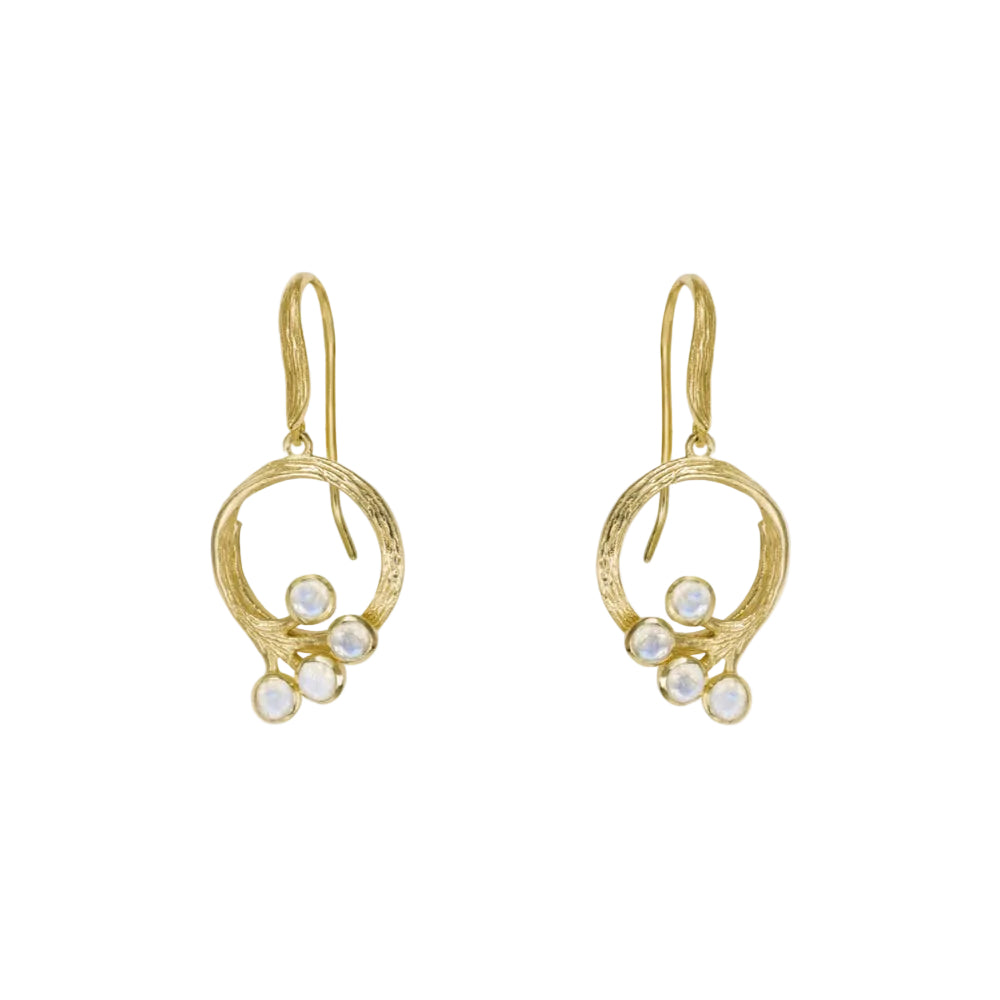 A pair of gold dangle earrings with textured circular wire frames and small clear gemstone clusters, shown on a light gray background.