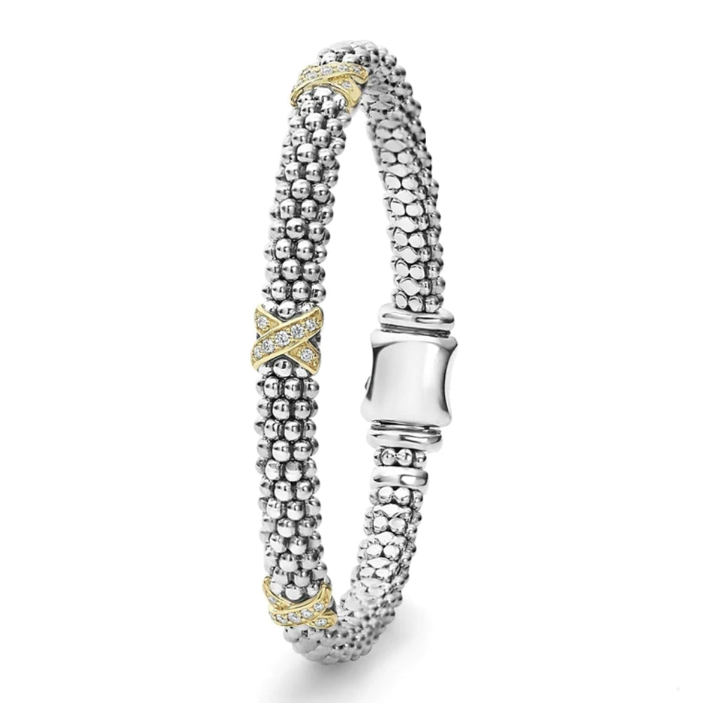 Lagos Three Station Gold X Diamond Caviar Bracelet