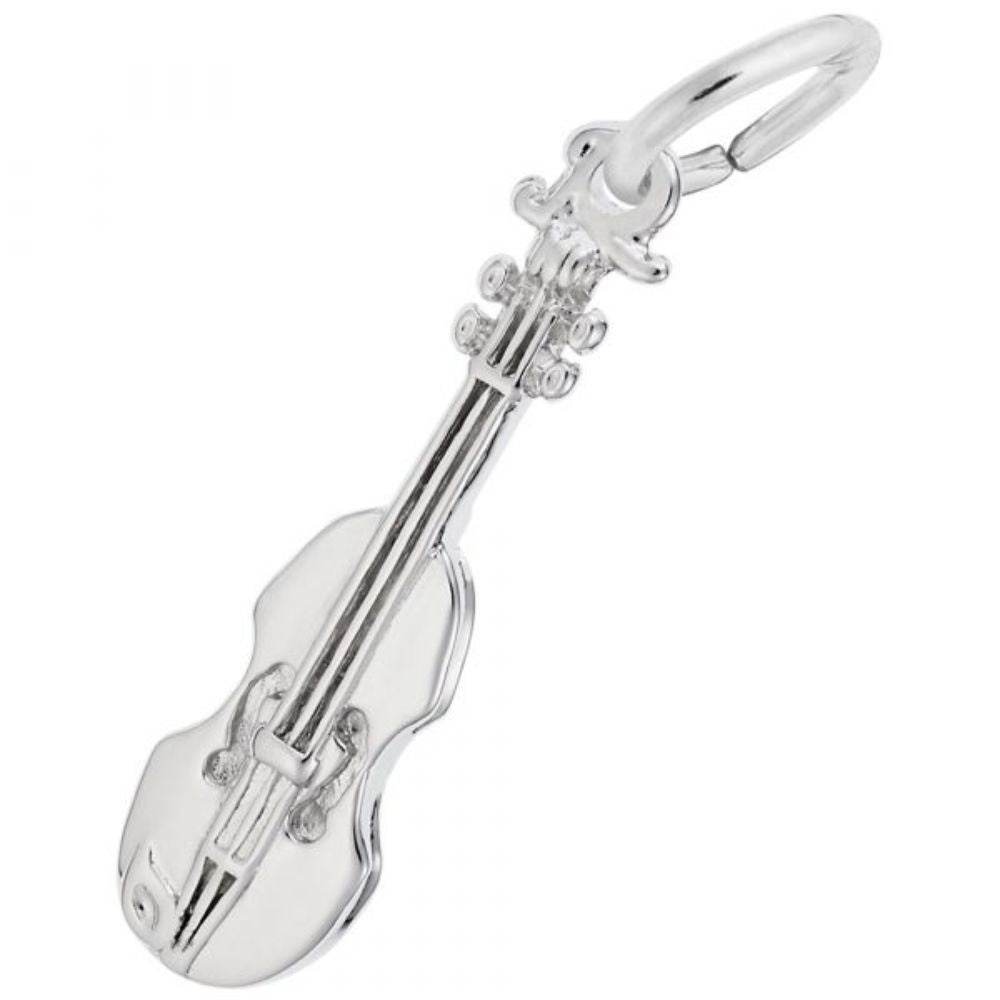 Silver violin-shaped keychain on a white background