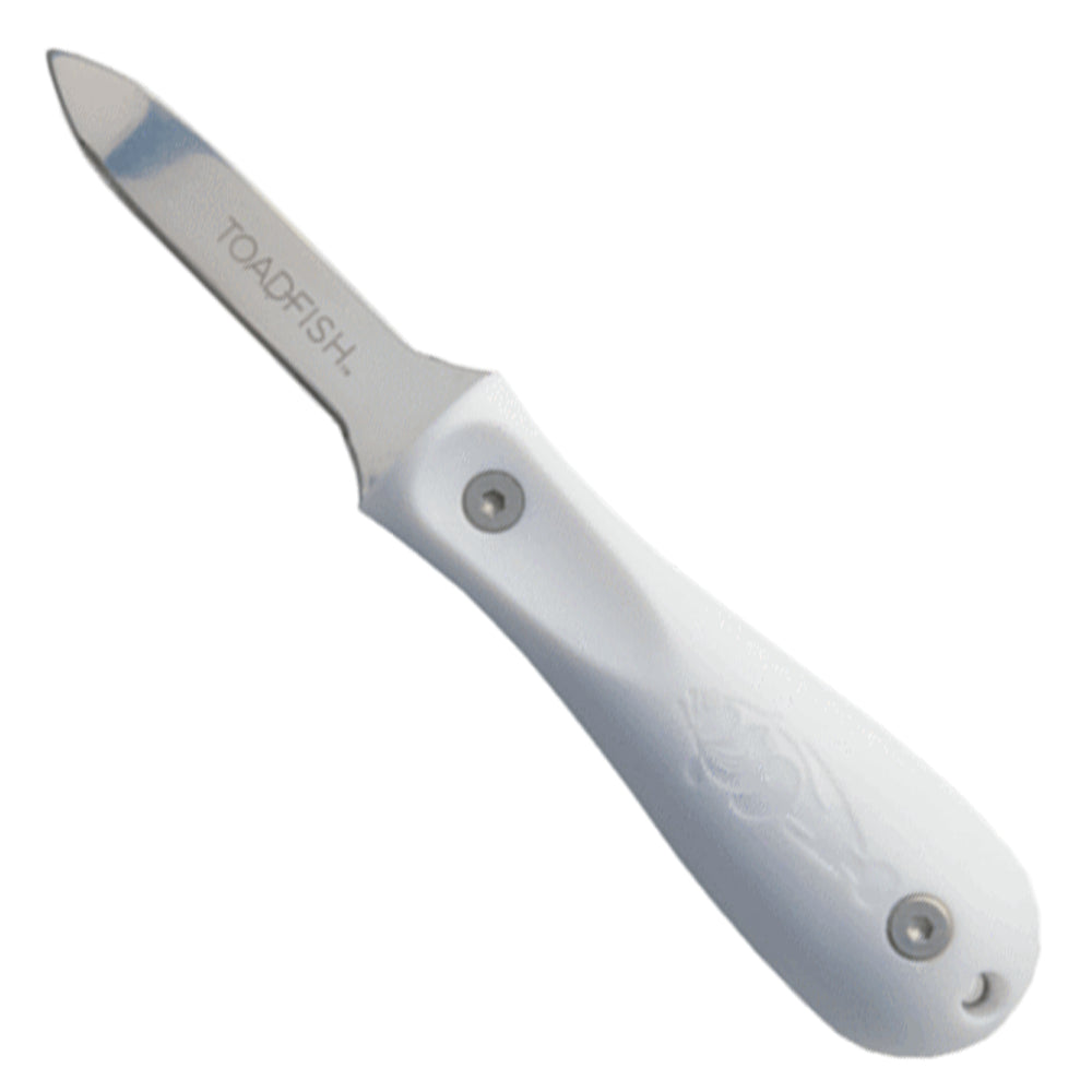 White handled oyster knife with black blade on a white background.