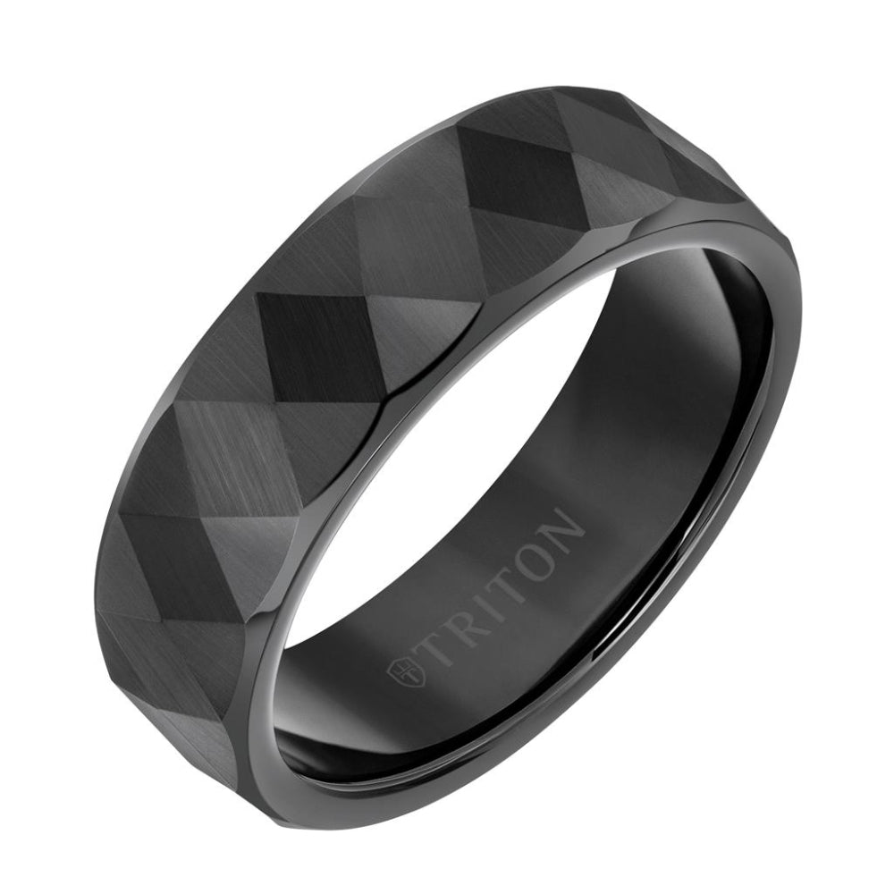 Black Tungsten Flat Edge Faceted Diamond Shape Matte 7mm Wedding Band