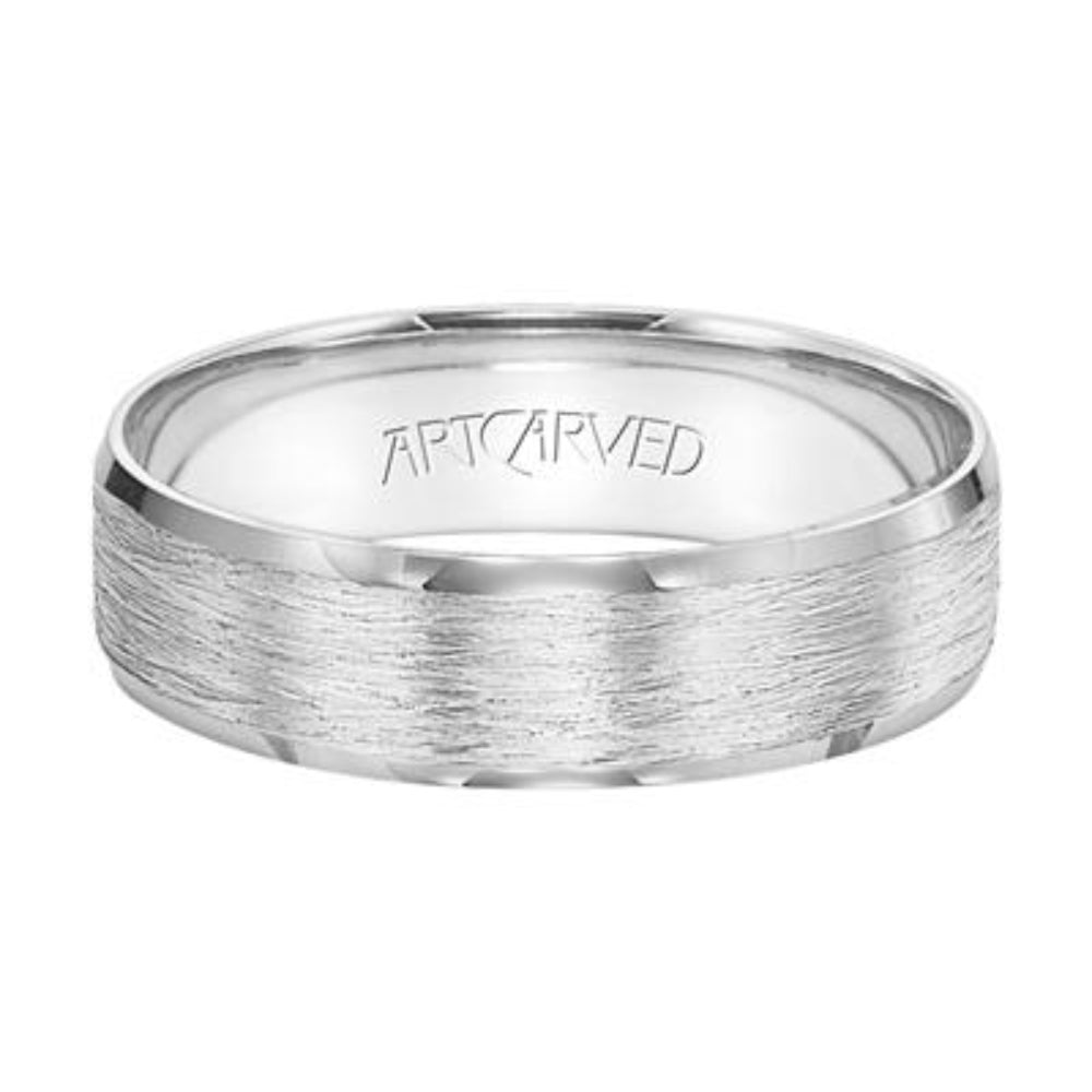 Men's 6mm Flat Bevel Edge Carved Wedding Band