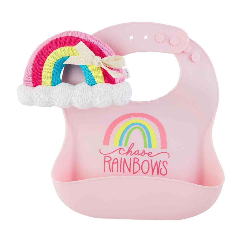 Mud Pie Bee & Rainbow Bib & Rattle Set - Pink