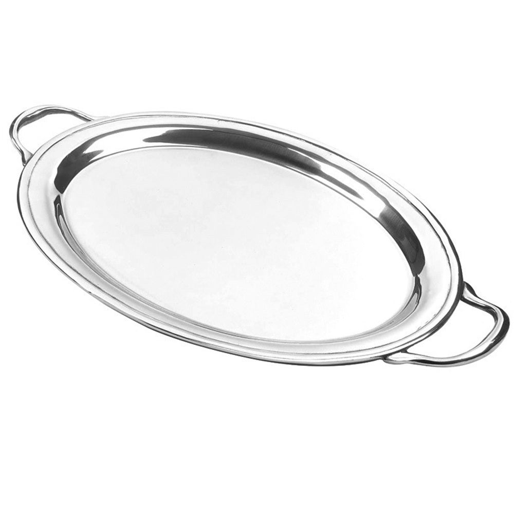 Silver oval serving tray with handles on a white background.
