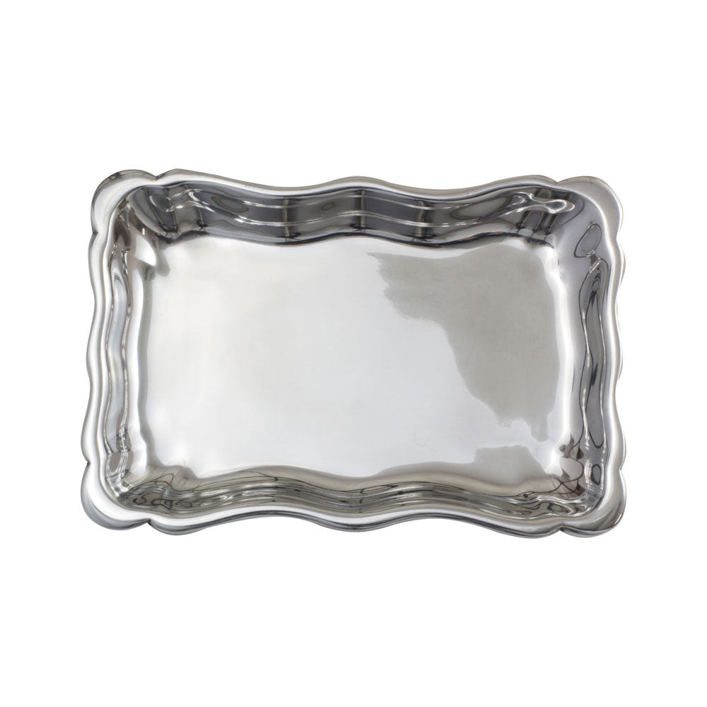 Silver tray with decorative edges on a white background