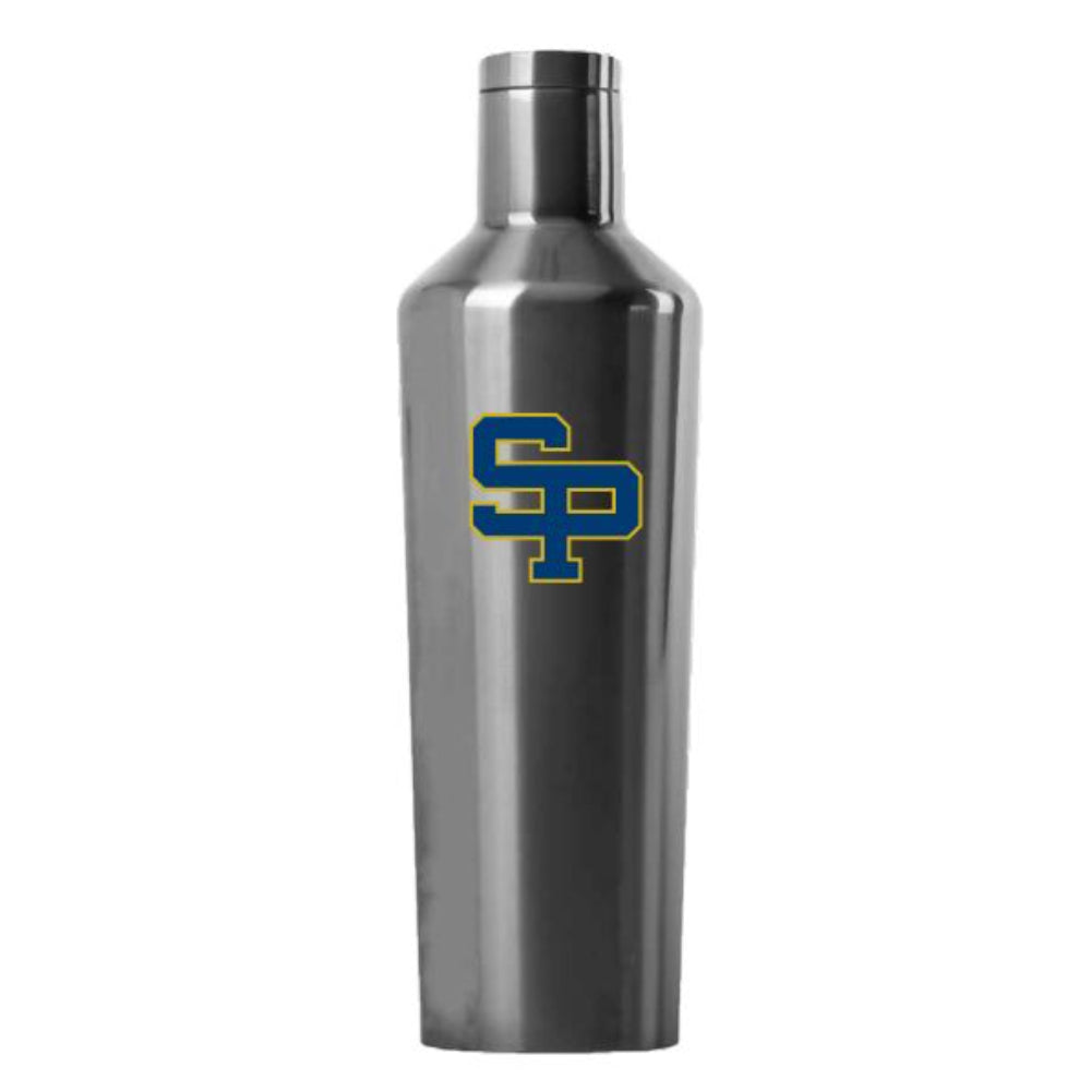 Silver water bottle with a blue and yellow St. Pauls school logo on a white background.