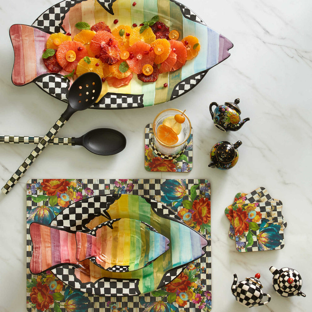 Floral placemat with multiple floral design and checkered design products from MacKenzie