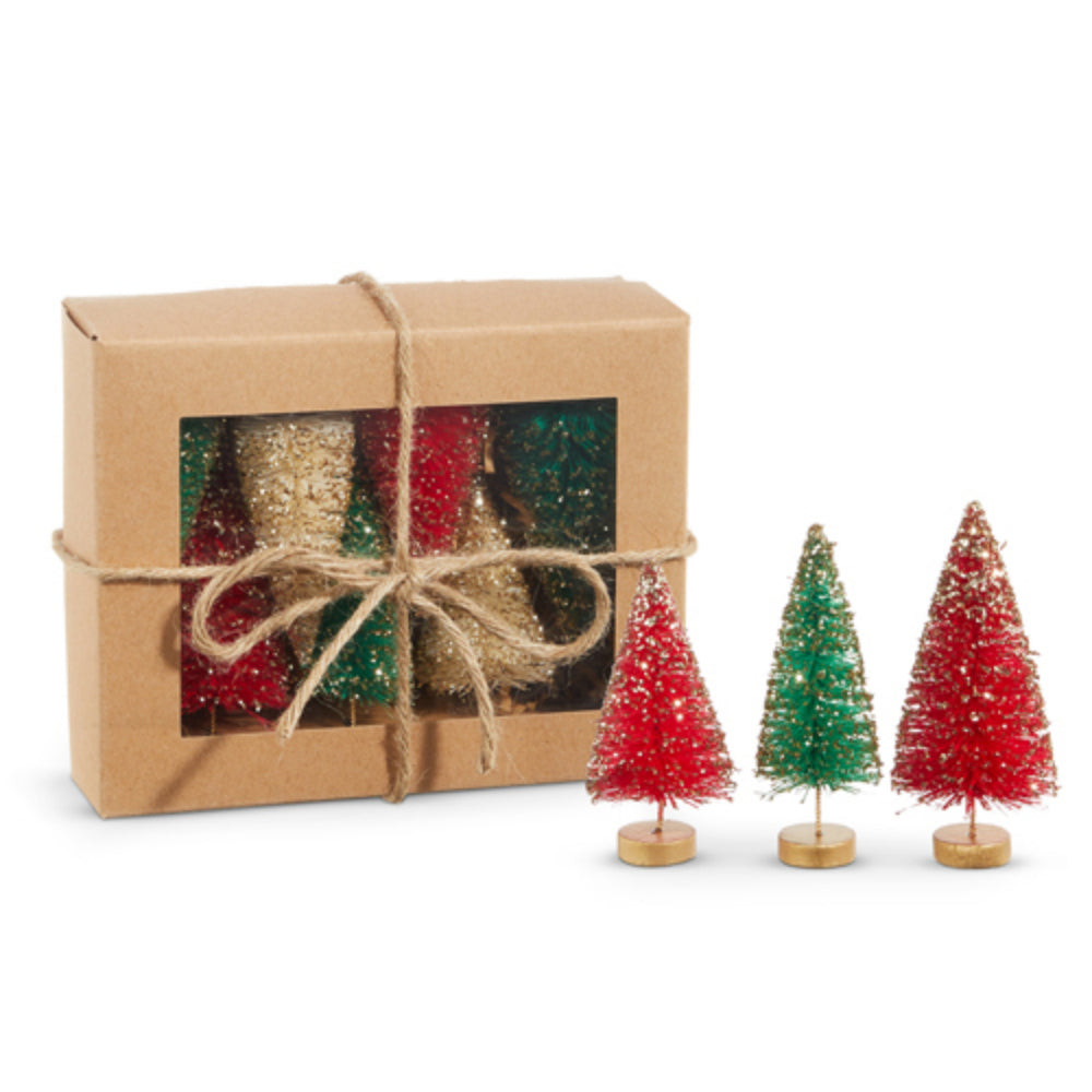 Raz Imports Red, Green, and White Bottle Brush Trees - Set of 7
