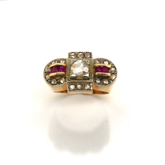 Estate Jewelry 18k Yellow Gold Retro Diamond Ruby Ring