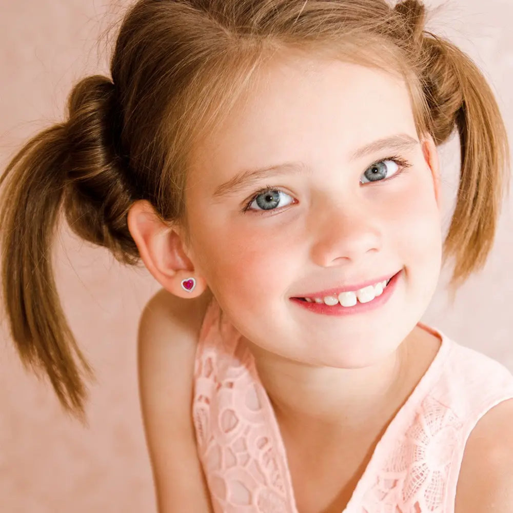 Children's Sterling Silver Hot Pink CZ Heart Stud Earrings