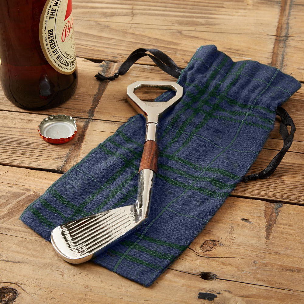 Two's Company Golf Club Bottle Opener in Plaid Gift Pouch
