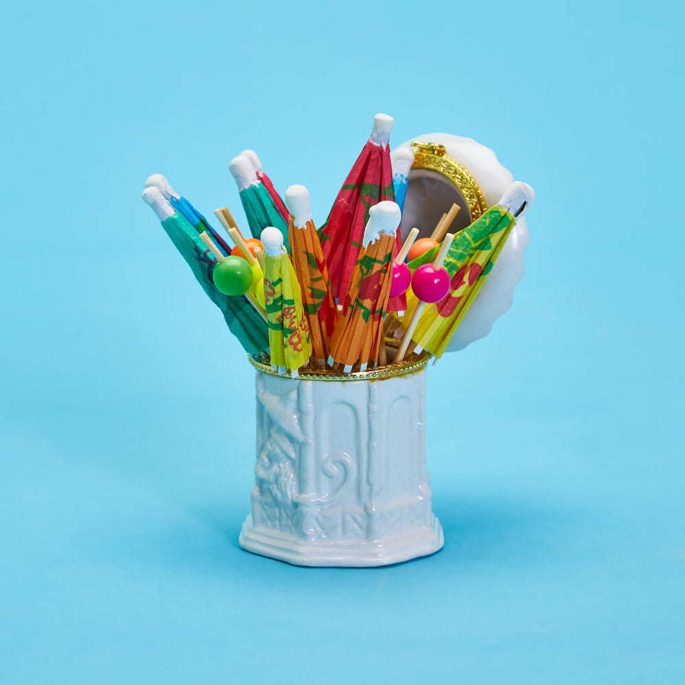 Two's Company Pagoda Limoges-Style Trinket Box with Paper Umbrella & Bamboo Picks