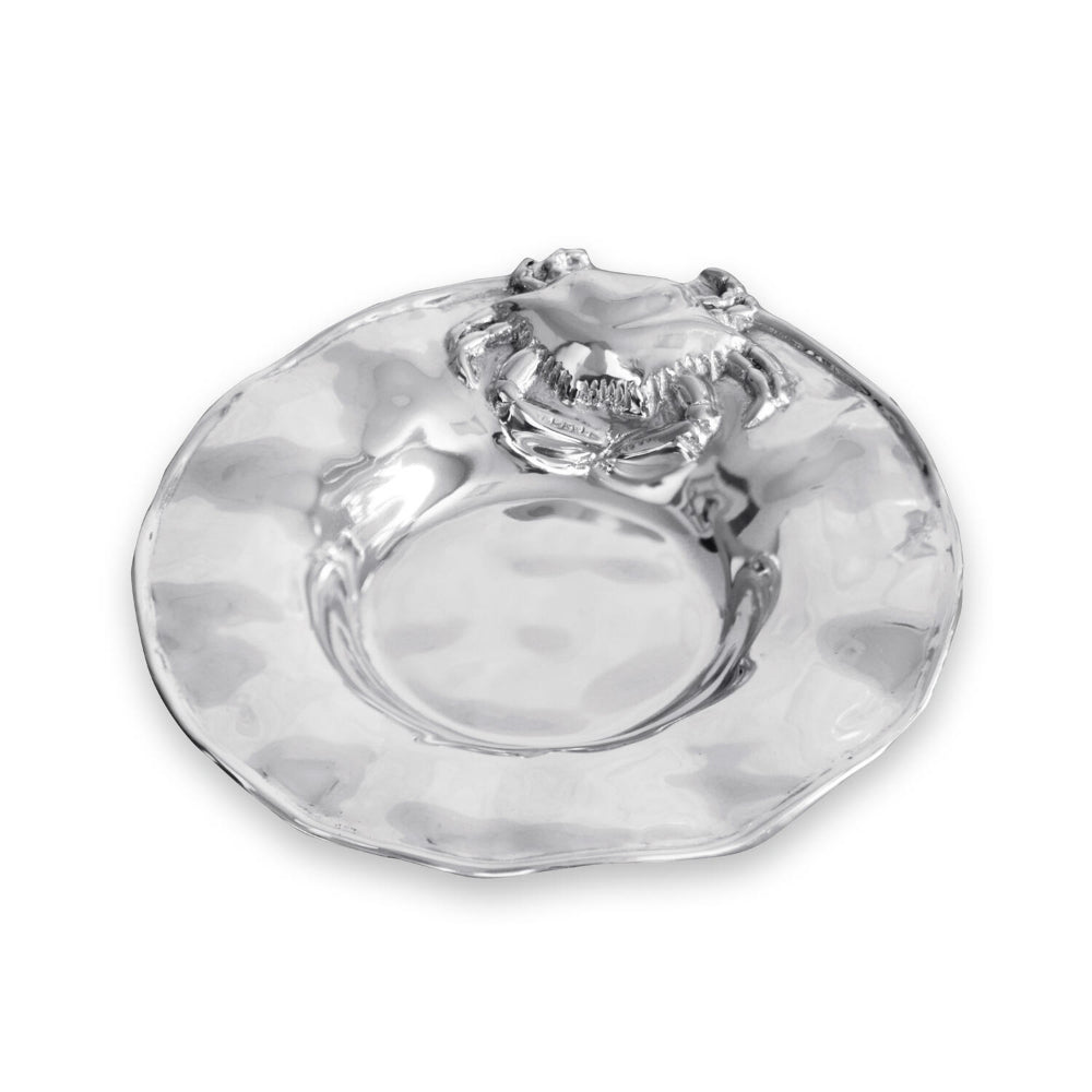 Silver crab wine coster with a crab design on a white backround.