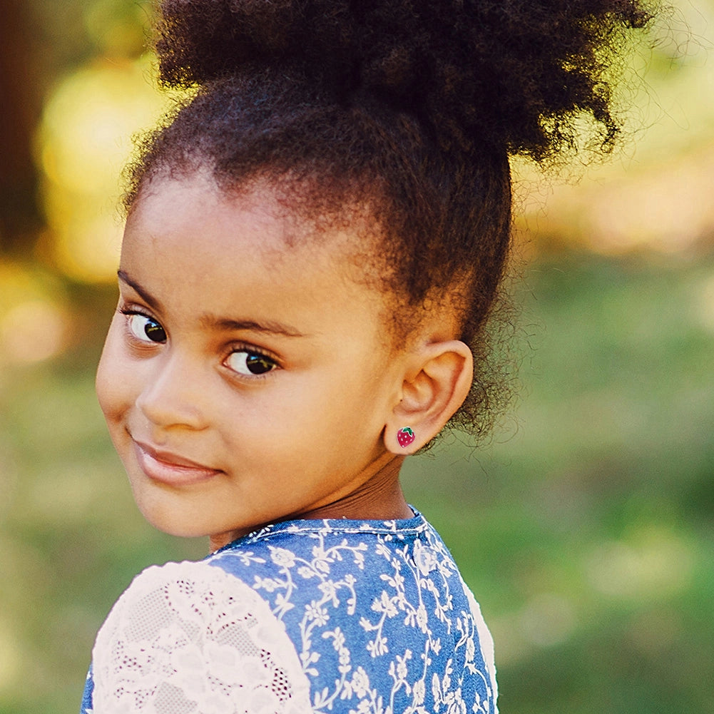 Children's Sterling Silver Enamel Strawberry Stud Earrings- Pink
