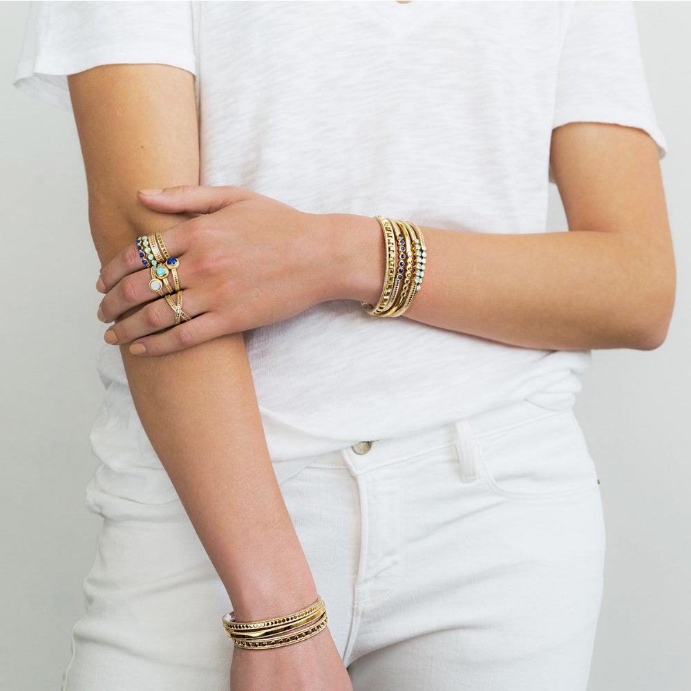 Woman wearing multiple bracelets