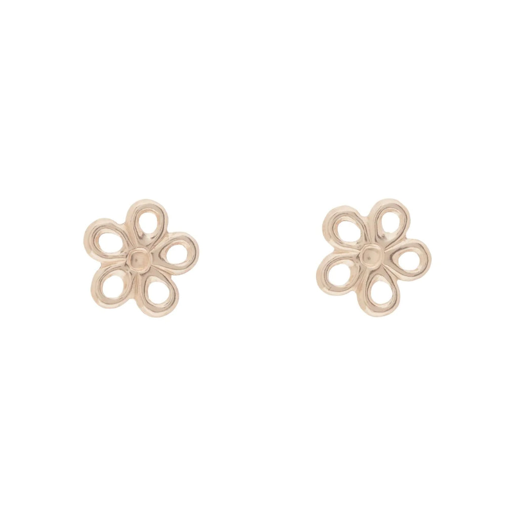 A pair of gold daisy stud earrings on a white background