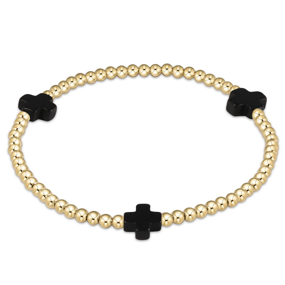 enewton 6.5" Signature Cross Gold Pattern 3mm Bead Bracelet - Onyx