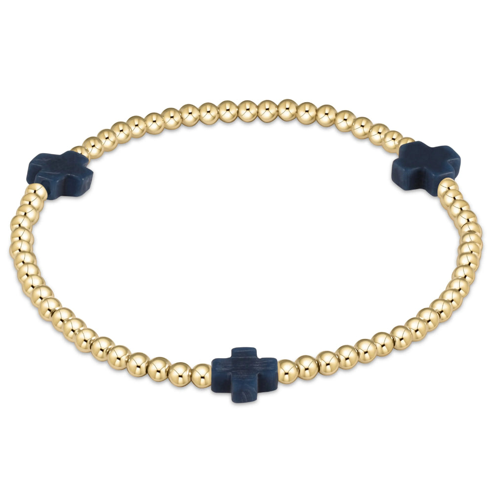 enewton 6.5" Signature Cross Gold Pattern 3mm Bead Bracelet - Navy