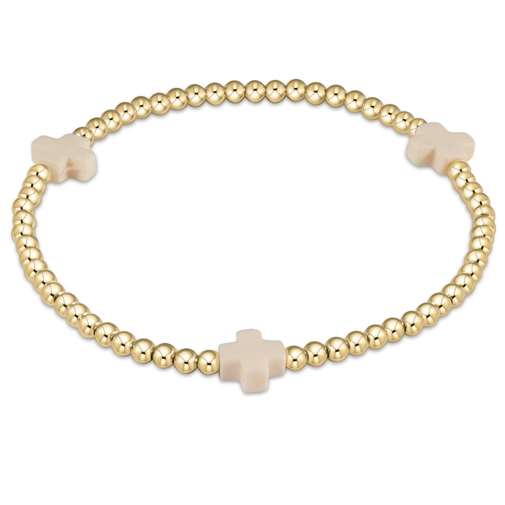 enewton 6.5" Signature Cross Gold Pattern 3mm Bead Bracelet - Off White