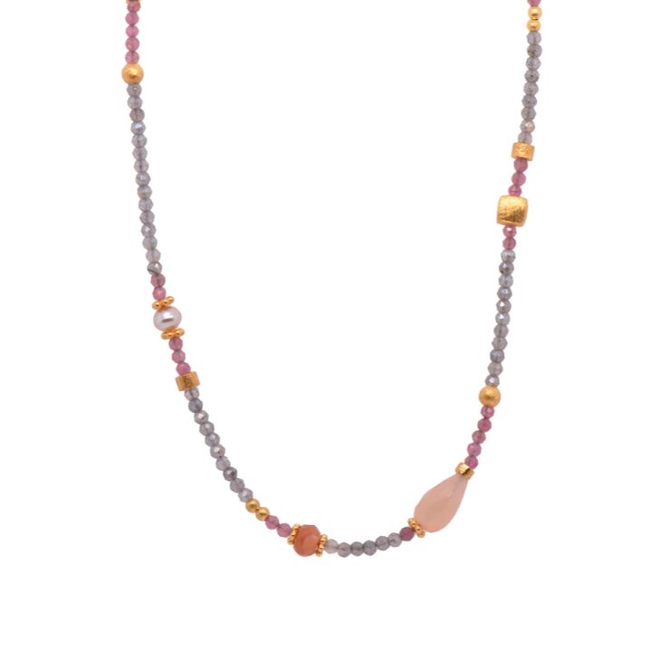 Joyla Vermeil 2mm Labradorite, Moonstone, Pearls, Pink Tourmaline Necklace