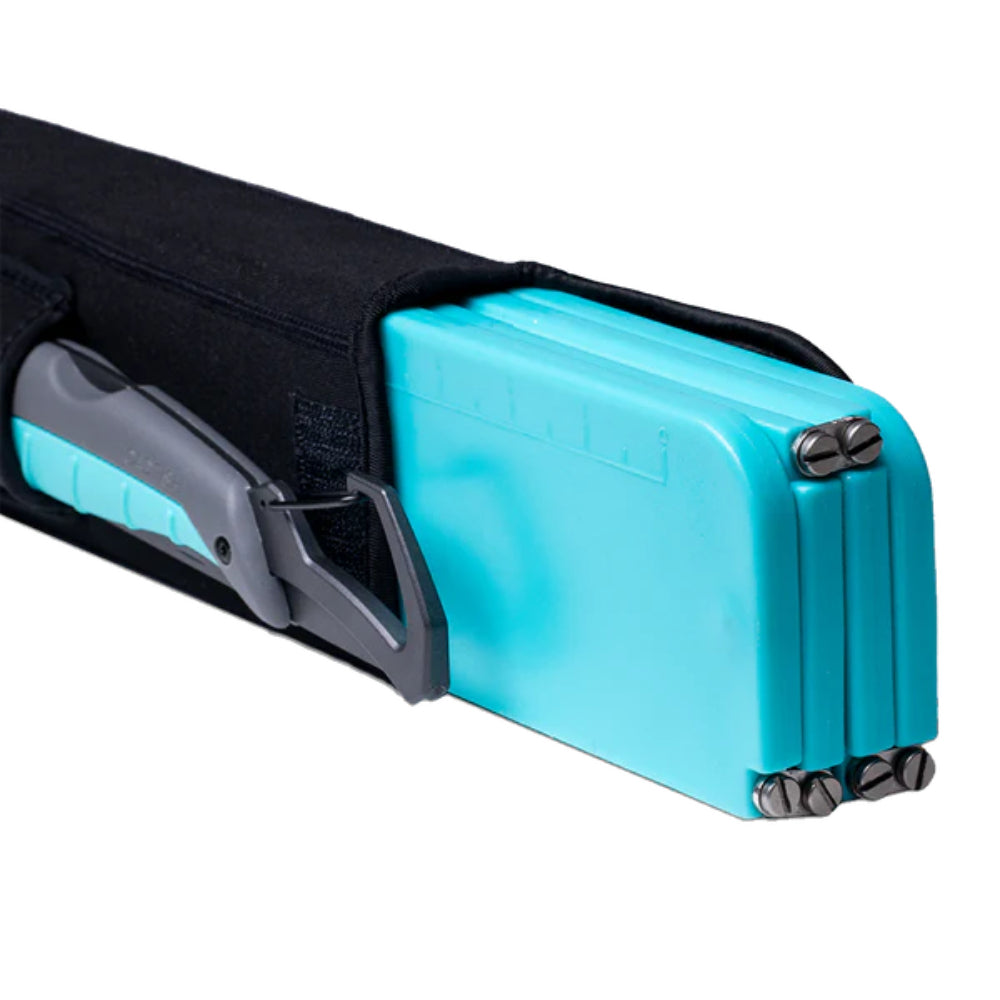 A photo showing a turquoise cutting board and fillet knife set with black case on a white background.
