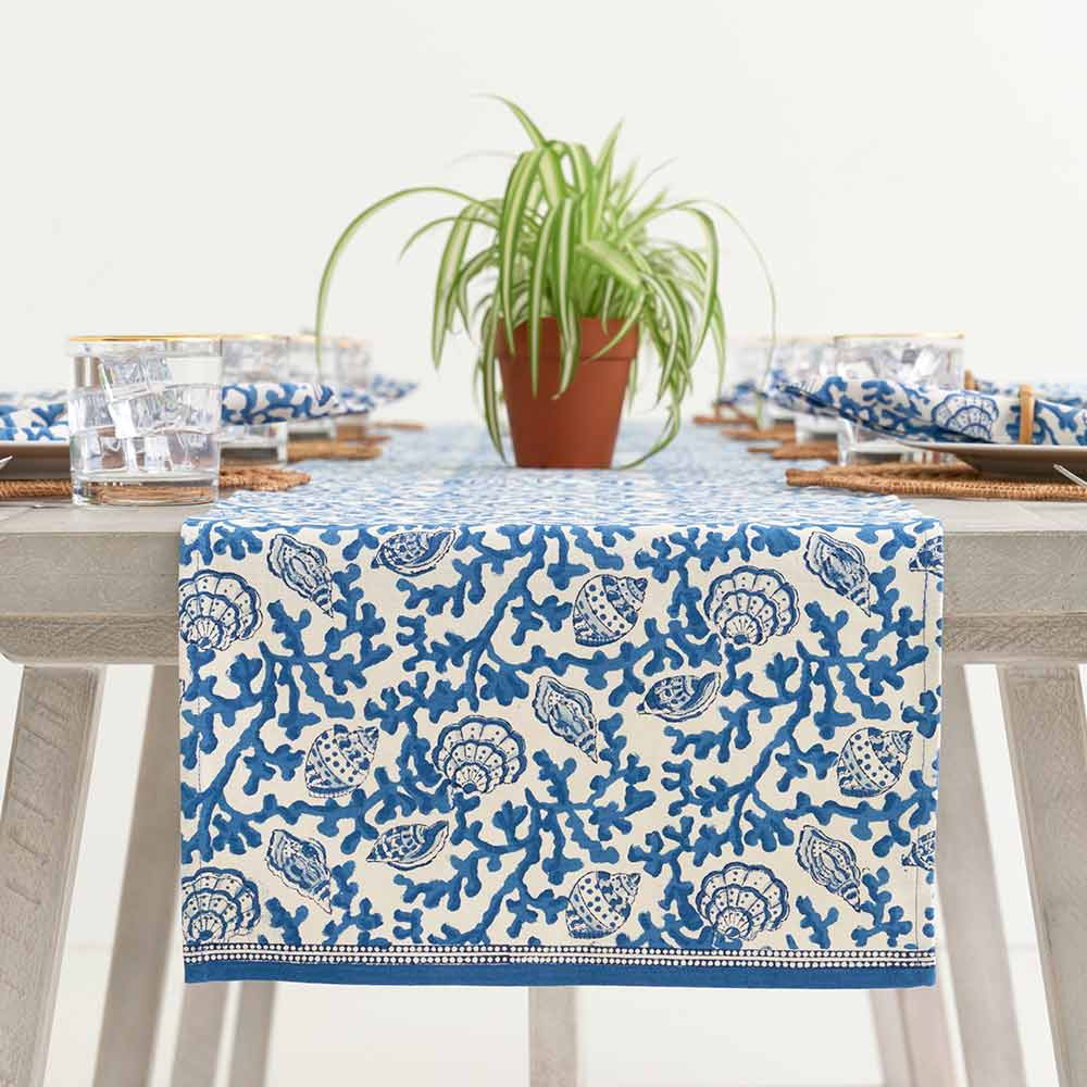 Pomegranate Coral & Shell Blue Table Runner