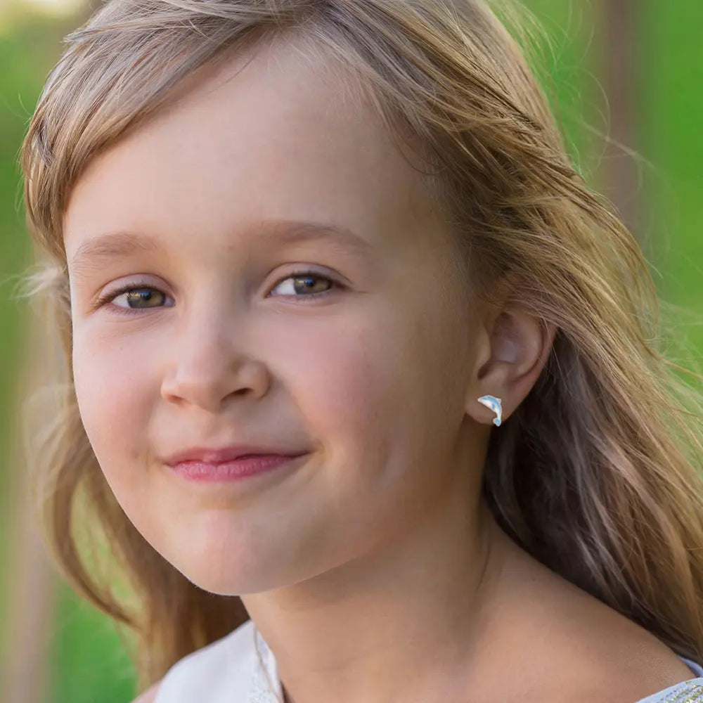 Children's Sterling Silver Blue Dolphin Earrings