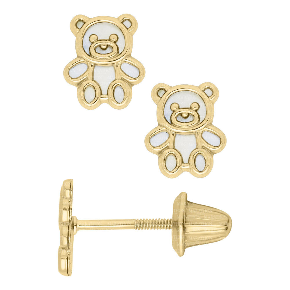 Children's 14k Gold Teddy Bear Stud Earrings with Mother of Pearl
