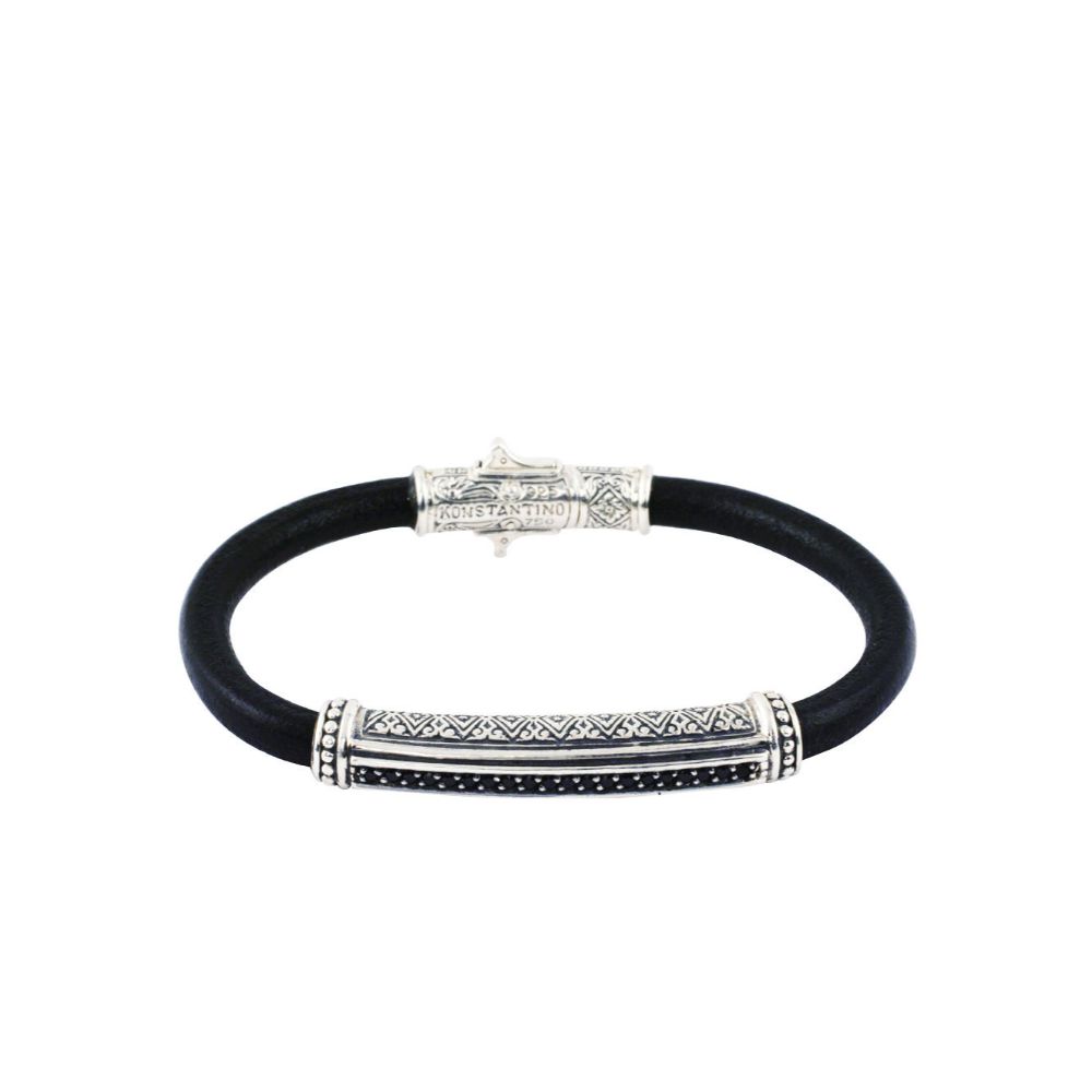 Konstantino Sterling Silver Black Spinel Bar Leather Bracelet